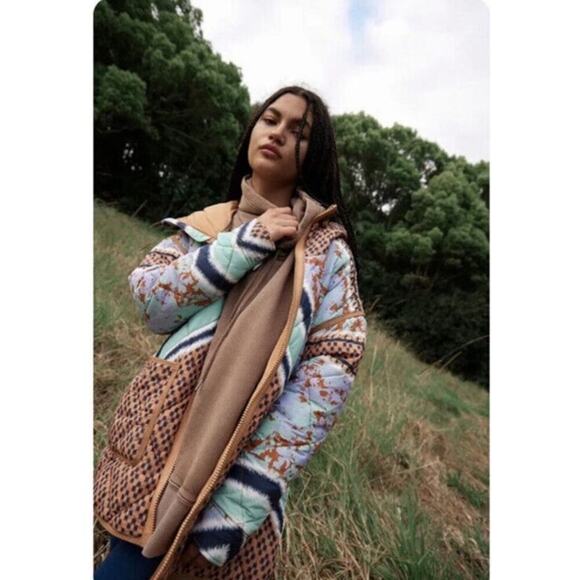 Free People Pria Packable Printed Hooded Zip Up Puffer Jacket Size XL - Picture 1 of 15